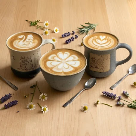 ♥ Unsere beliebten, handgetöpferten "Hirsch"-Tassen ♥ Zwei Tassen & eine Trinkschale mit frischem Milchkaffee im Café Hirsch Tübingen - unsere beliebten handgetöpferten "Hirsch"-Tassen