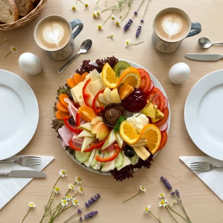 Schlemmer-Frühstück für 2 Personen Reichhaltig garniertes Schlemmer-Frühstück mit viel Obst und Gemüse im Café im Hirsch in Tübingen
