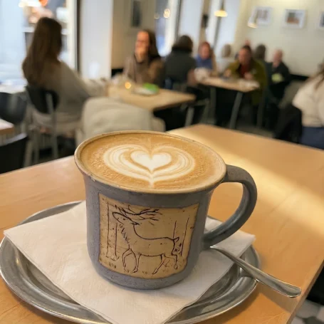 ♥ Kaffee Liebe ♥ : Milchkaffe aus Demeter-Frischmilch und fair gehandeltem Bio-Kaffee Frischer Milchkaffee in der charakteristischen Hirsch-Tasse - zubereitet mit Demeter-Frischmilch und fairem Bio-Kaffee